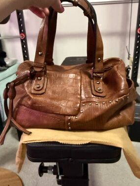 Large Studded Cognac Shoulder Bag with Dual Handles